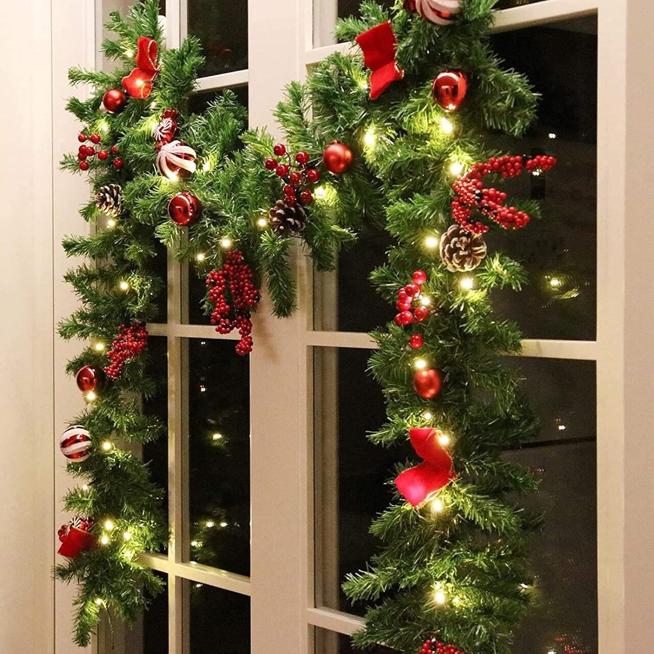 9FT LED Christmas Garland with Pinecones, Red Berries, Bows & Christmas Balls – Pre-Lit Holiday Garland with 50 Warm White Lights & 180 Branch Tips for Home, Porch & Indoor/Outdoor Decor